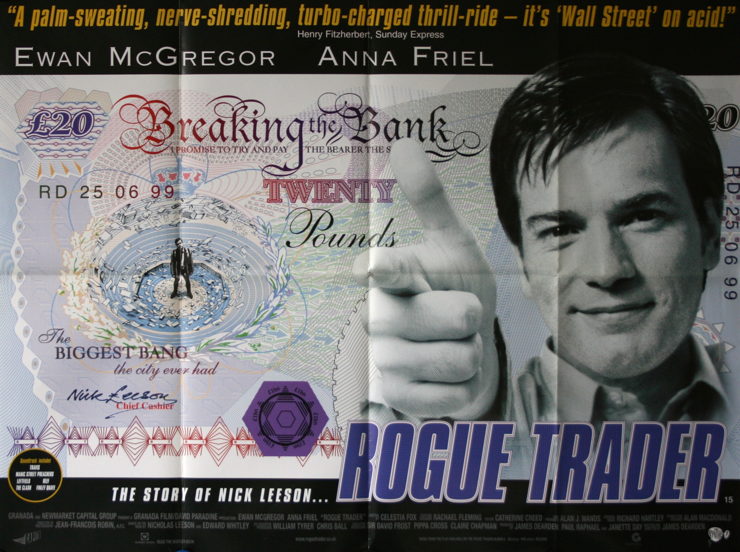 Rogue Trader (1999) film afişi: Nick Leeson rolündeki Ewan McGregor ve 20 sterlinlik banknot