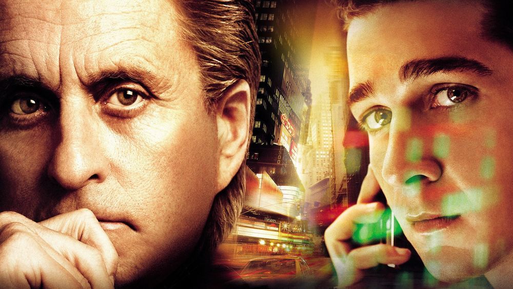 Wall Street: Money Never Sleeps (2010) film afişi: Gordon Gekko ve Jake Moore'un yüzleri yan yana