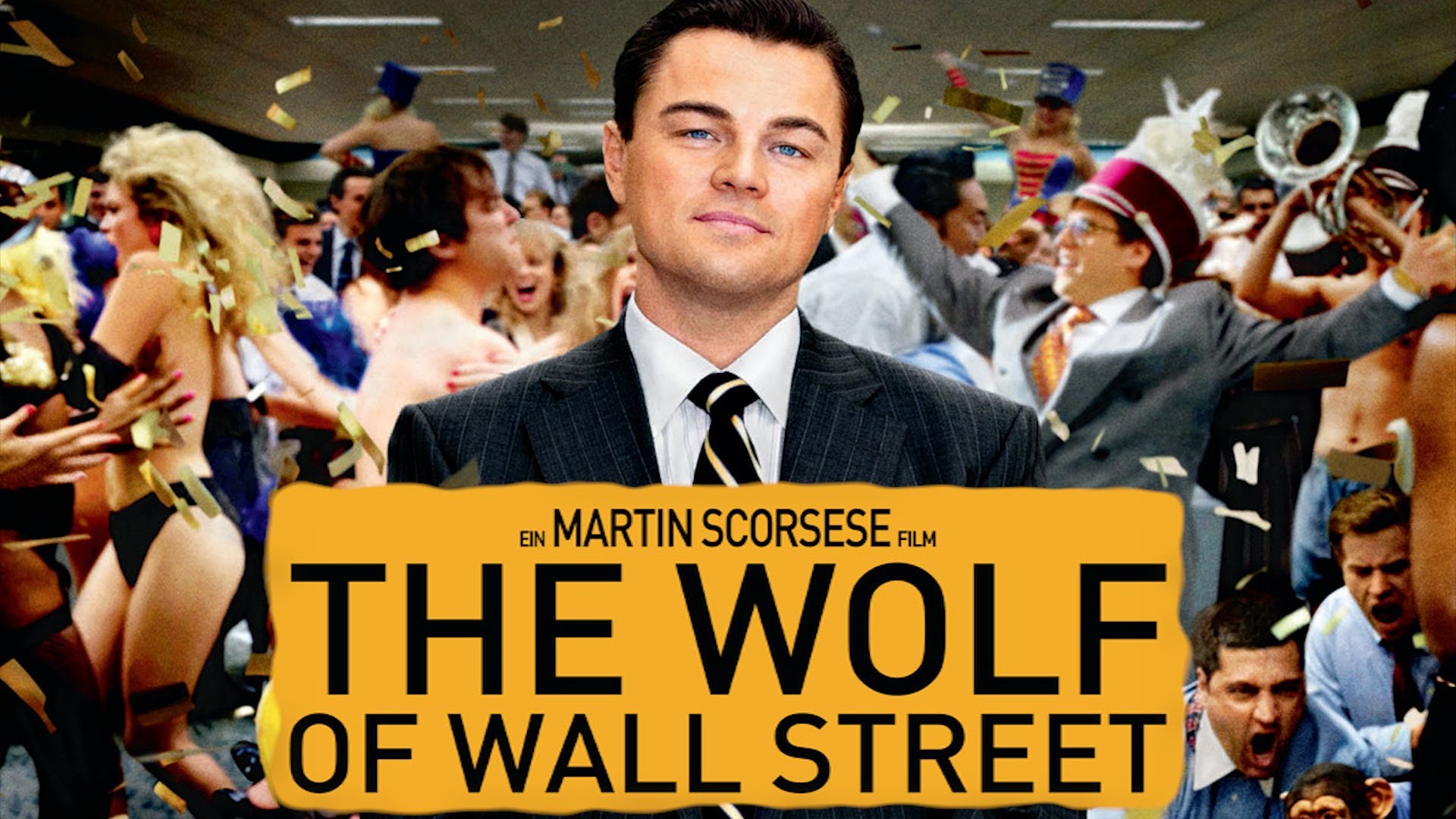 The Wolf of Wall Street bölümünün görseli: filmin afişi, takım elbiseli Jordan Belfort ve kutlama yapan ofis kalabalığı