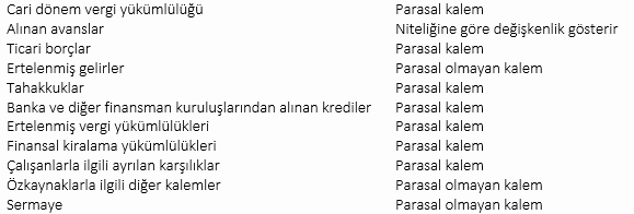 Yükümlülük ve özkaynak kalemleri tablosu: vergi yükümlülüğü, ticari borçlar, tahakkuklar, krediler, ertelenmiş vergi ve finansal kiralama yükümlülükleri, çalışan karşılıkları parasal kalem; ertelenmiş gelirler, diğer özkaynak kalemleri ve sermaye parasal olmayan kalem; alınan avanslar niteliğine göre değişir