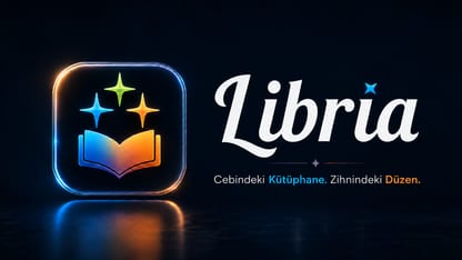 Libria uygulamasının simgesi — açık bir kitabın üstünde üç yıldız — ve adı; altında “Cebindeki Kütüphane. Zihnindeki Düzen.” yazıyor.