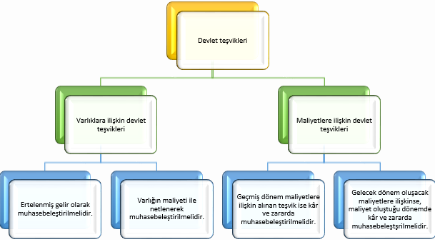Devlet teşvikleri şeması: varlıklara ilişkin devlet teşvikleri (ertelenmiş gelir olarak ya da varlığın maliyetiyle netleştirilerek muhasebeleştirilir) ve maliyetlere ilişkin devlet teşvikleri (geçmiş dönem maliyetlerine ilişkinse kâr veya zararda, gelecek dönem maliyetlerine ilişkinse maliyetin oluştuğu dönemde kâr veya zararda)