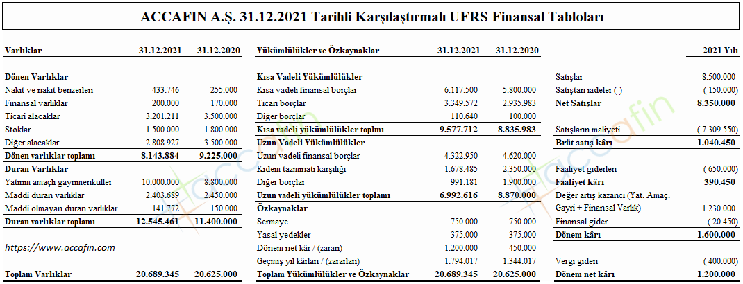 ACCAFIN A.Ş. 31.12.2021 Tarihli Finansal Durum Tablosu ve 2021 Yılı Gelir Tablosu