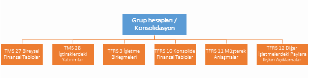 Grup hesapları ve konsolidasyon standartları şeması: TMS 27 Bireysel Finansal Tablolar, TMS 28 İştiraklerdeki Yatırımlar, TFRS 3 İşletme Birleşmeleri, TFRS 10 Konsolide Finansal Tablolar, TFRS 11 Müşterek Anlaşmalar, TFRS 12 Diğer İşletmelerdeki Paylara İlişkin Açıklamalar