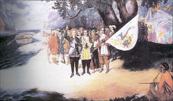 Mississippi Scheme (1719) bölümünün görseli: bayrak taşıyan kolonicileri gösteren tarihi bir tablo