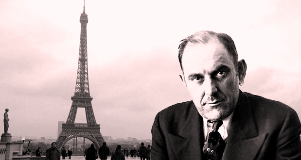 Eyfel Kulesi'nin satılması (1925) bölümünün görseli: Eyfel Kulesi önünde Victor Lustig'in portresi